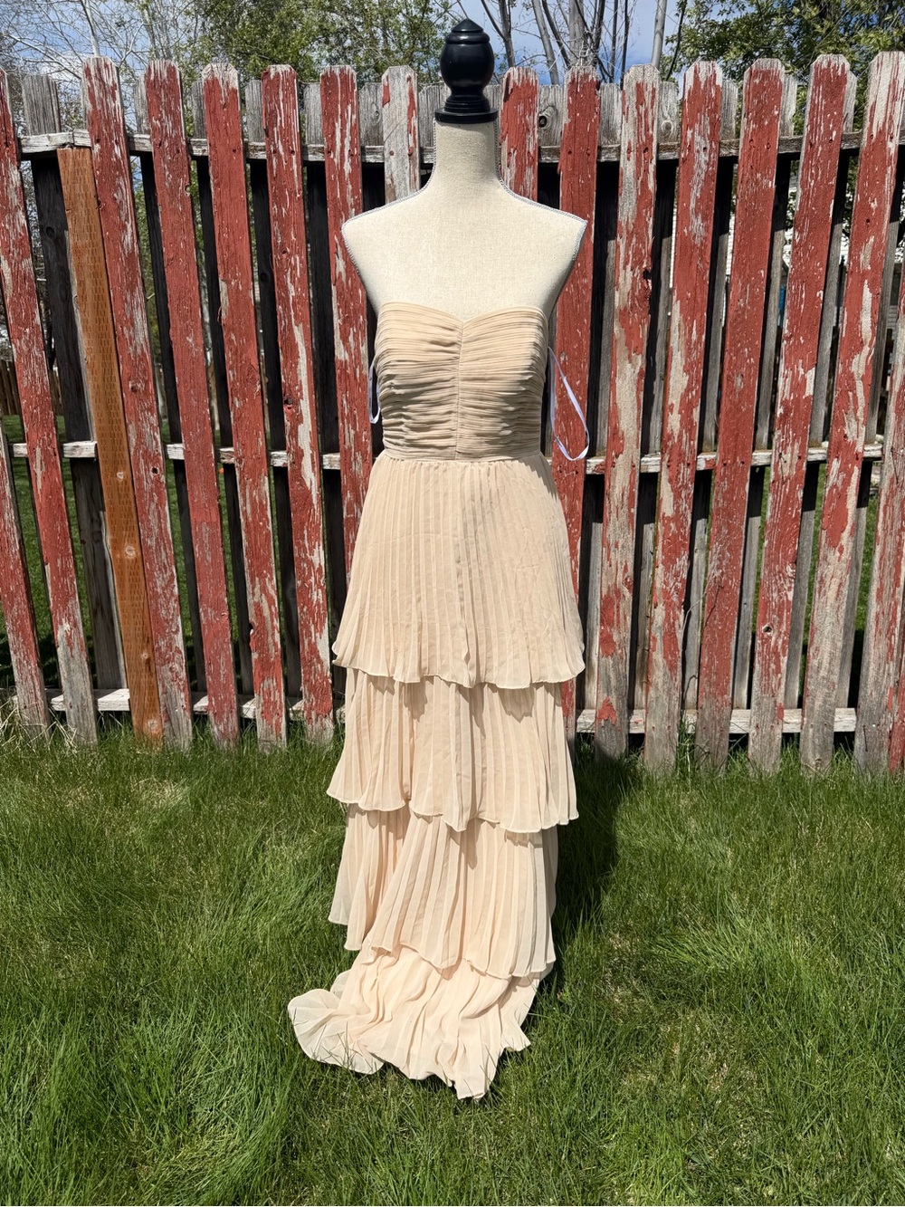 Strapless Tiered Chiffon Evening Dress in Light Beige